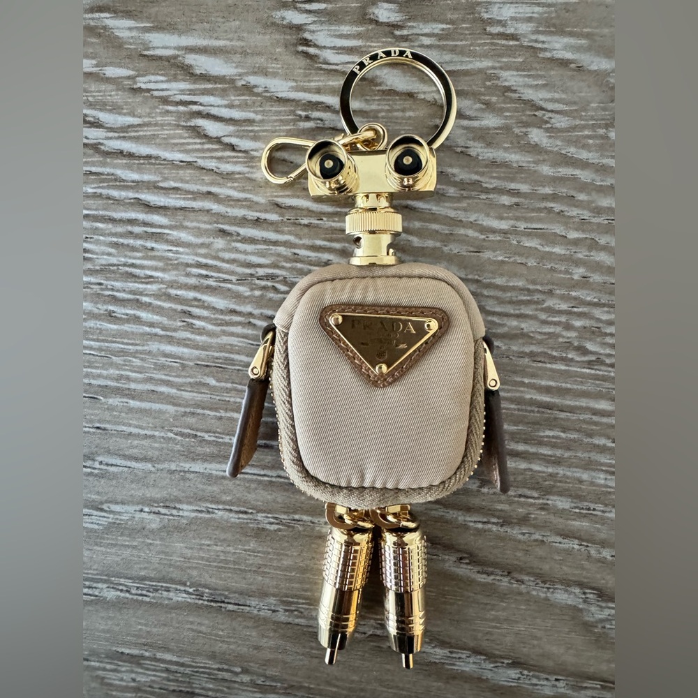 Prada Metallic Gold and Beige Robot Keychain NEW
